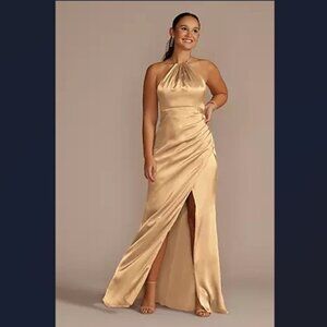 DAVID'S BRIDAL GOLD CHARMEUSE HALTER DRESS